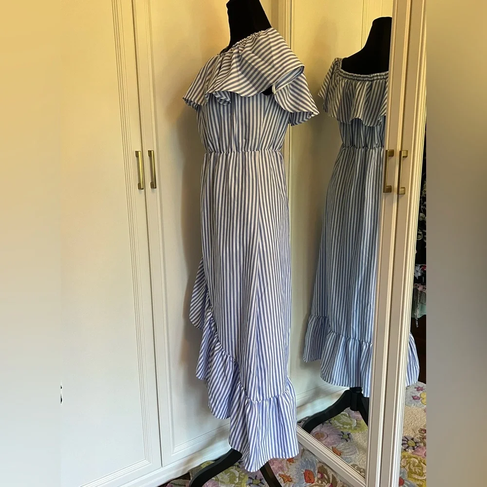 LOVE J OFF THE SHOULDER BLUE & WHITE STRIPE DRESS‎ NWOT SLIPS ON - Picture 6 of 9